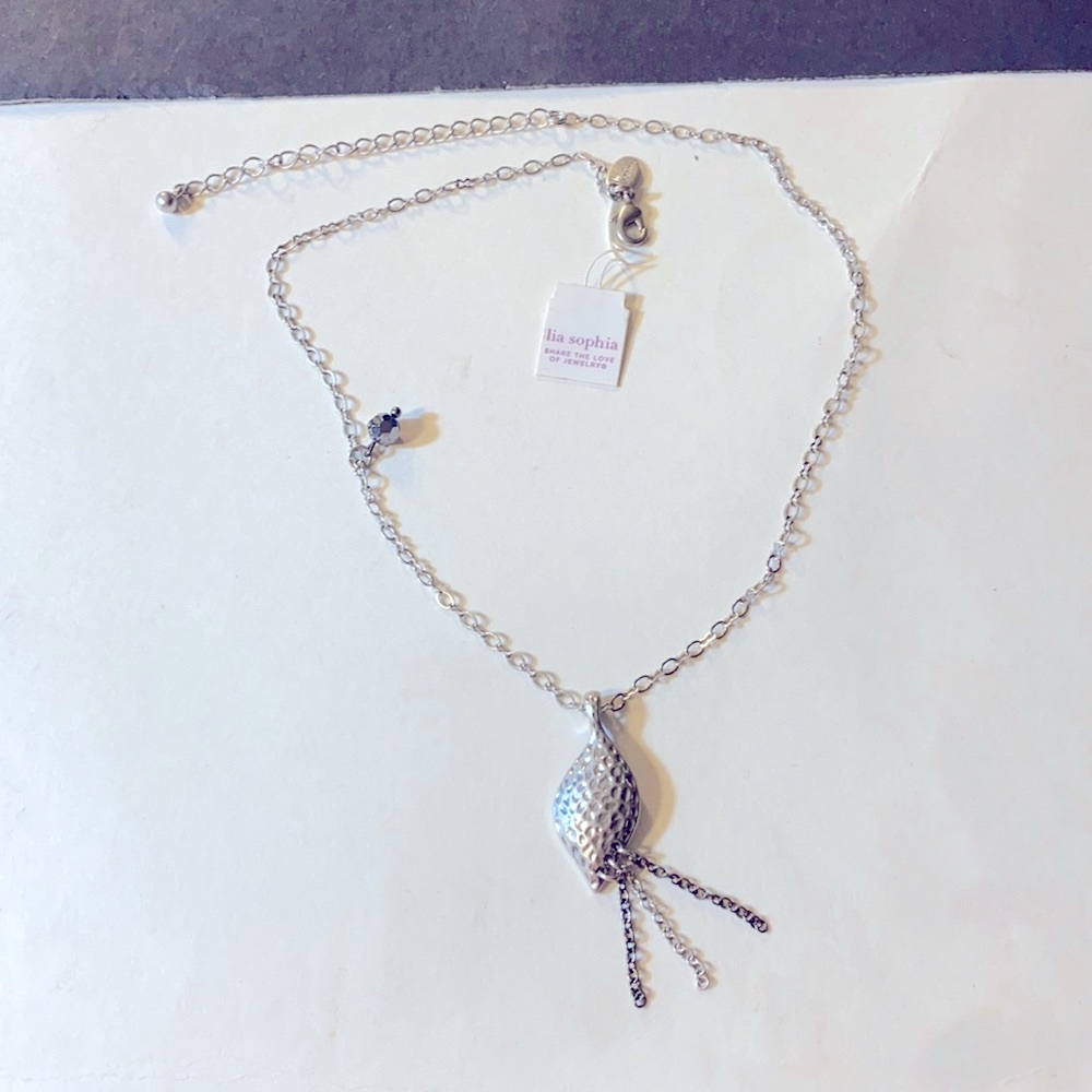 Lia Sophia Silver Tone Necklace Charm Bead Teardrop Asymmetrical 16”-19” NWT